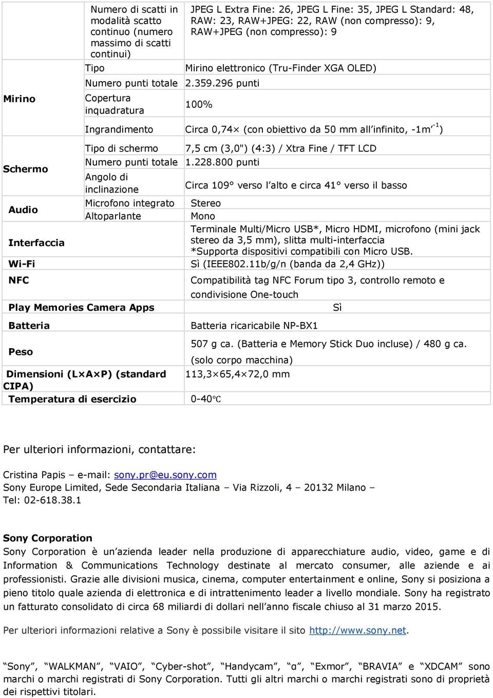 XGA OLED) 100% Schermo Audio Interfaccia Wi-Fi NFC Ingrandimento Circa 0,74 (con obiettivo da 50 mm all infinito, -1m -1 ) Tipo di schermo Numero punti totale 1.228.