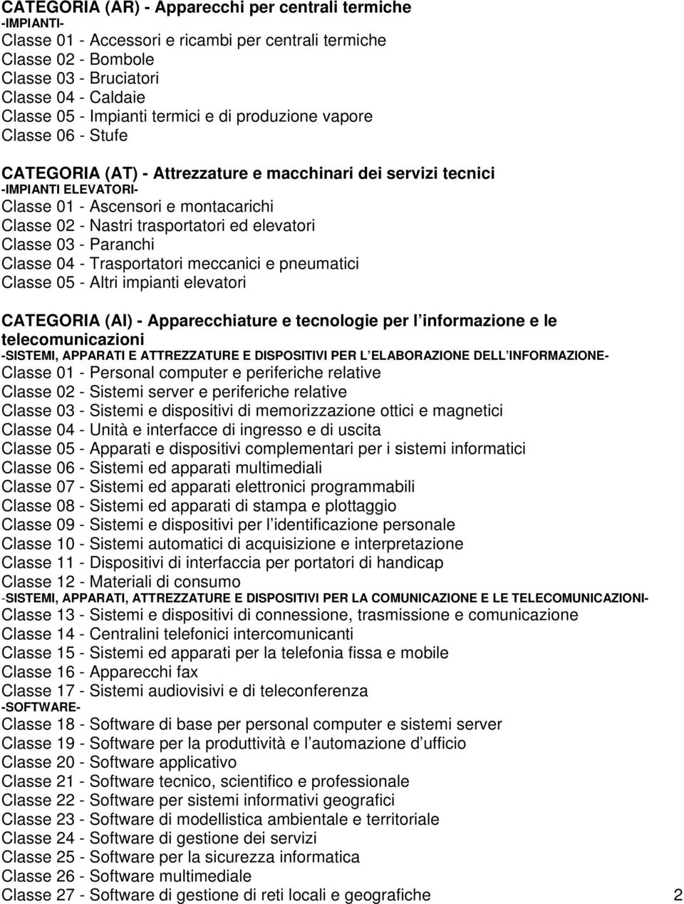 trasportatori ed elevatori Classe 03 - Paranchi Classe 04 - Trasportatori meccanici e pneumatici Classe 05 - Altri impianti elevatori CATEGORIA (AI) - Apparecchiature e tecnologie per l informazione