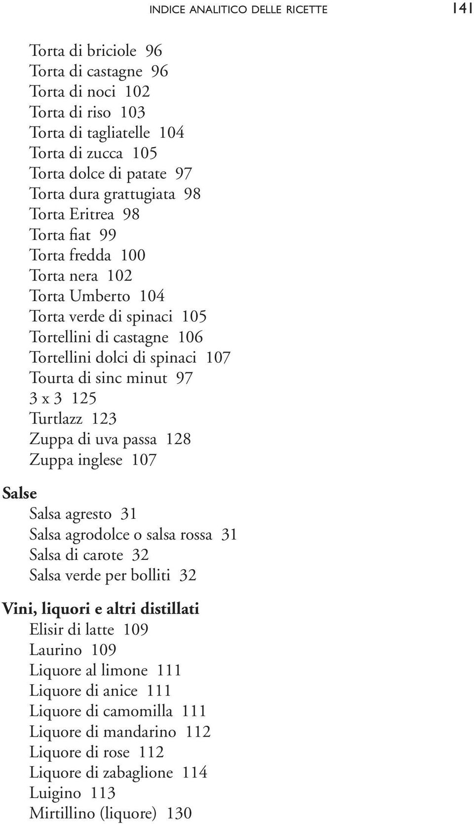 minut 97 3 x 3 125 Turtlazz 123 Zuppa di uva passa 128 Zuppa inglese 107 Salse Salsa agresto 31 Salsa agrodolce o salsa rossa 31 Salsa di carote 32 Salsa verde per bolliti 32 Vini, liquori e altri