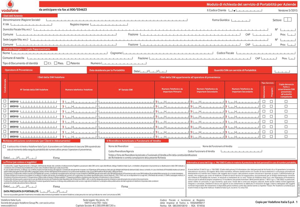 Autorizzato o Funzionario di Vendita ai fini della corretta identificazione La (per esteso e leggibile) Il sottoscritto, Legale Rappresentante o Delegato dell'azienda titolare del contratto di