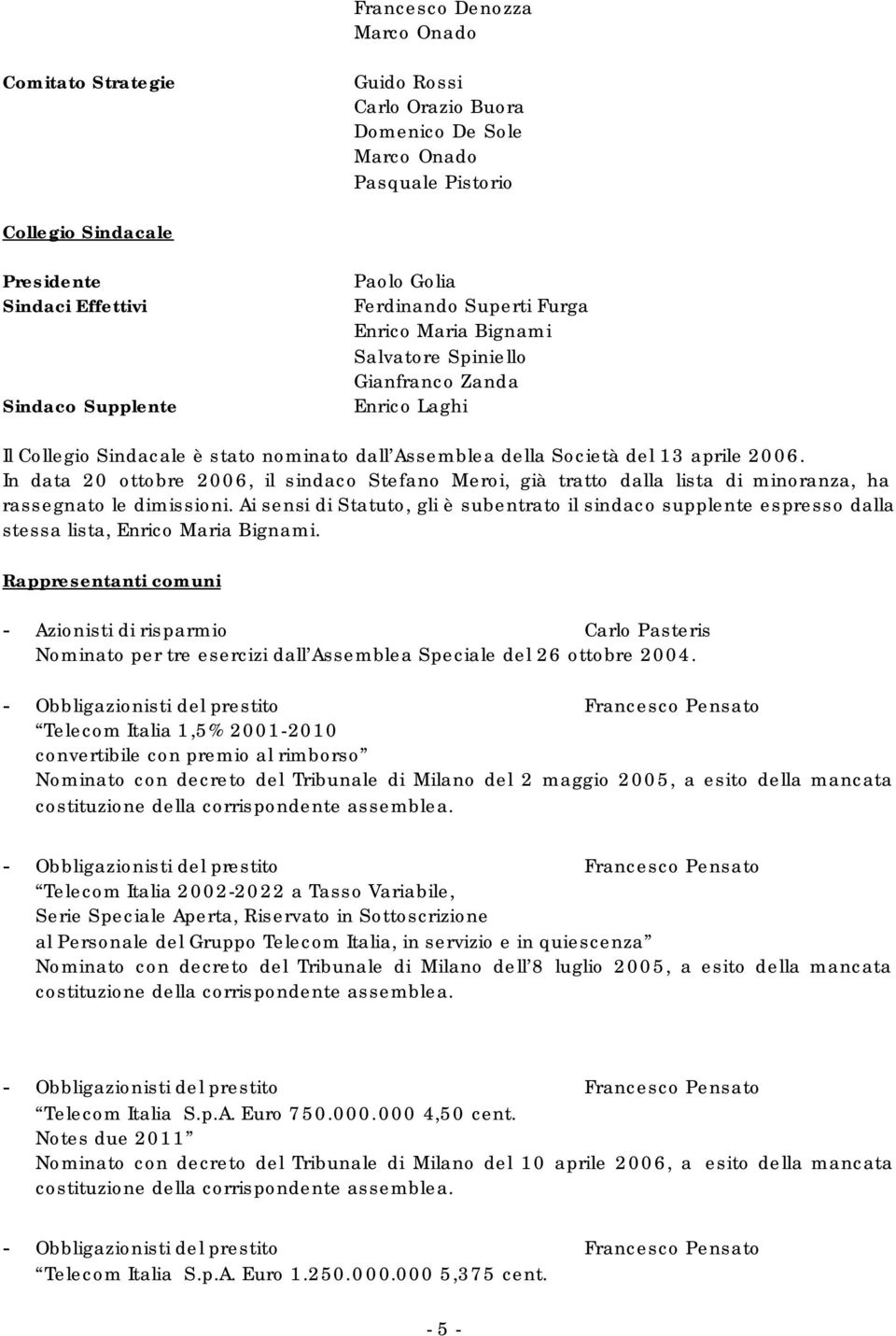 In data 20 ottobre 2006, il sindaco Stefano Meroi, già tratto dalla lista di minoranza, ha rassegnato le dimissioni.