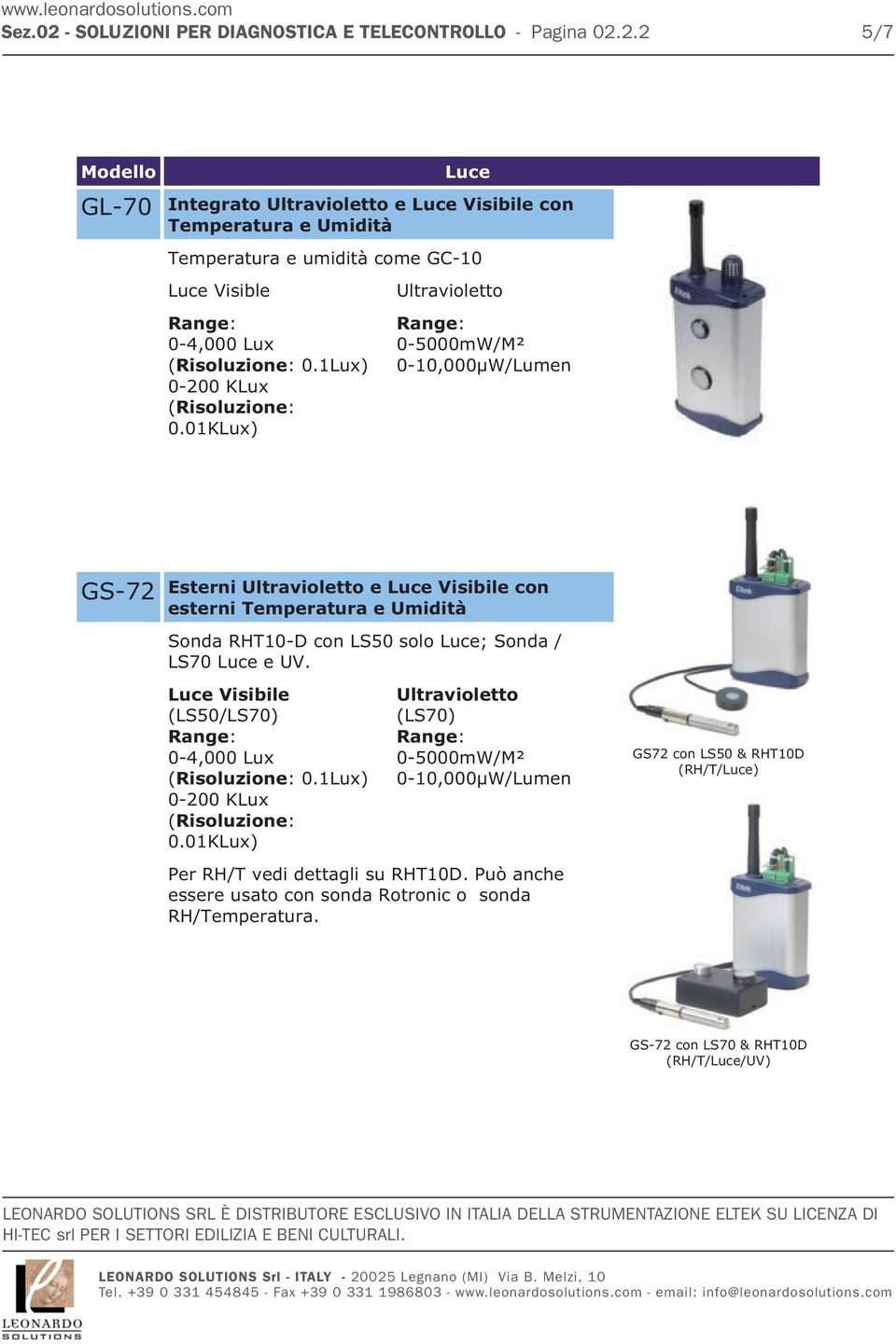 01KLux) Ultravioletto 0-5000mW/M² 0-10,000µW/Lumen GS-72 Esterni Ultravioletto e Luce Visibile con esterni Temperatura e Umidità Sonda RHT10-D con LS50 solo Luce; Sonda / LS70