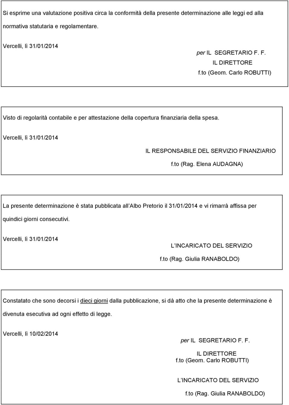 to (Rag. Elena AUDAGNA) La presente determinazione è stata pubblicata all Albo Pretorio il 31/01/2014 e vi rimarrà affissa per quindici giorni consecutivi.