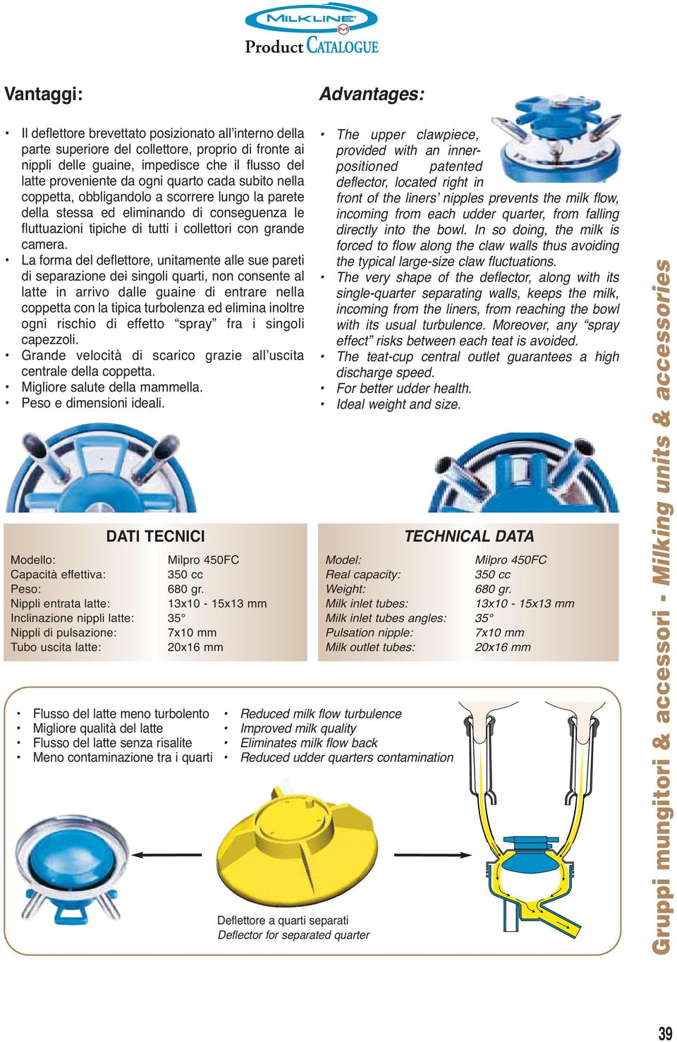 La forma del deflettore, unitamente alle sue pareti di separazione dei singoli quarti, non consente al latte in arrivo dalle guaine di entrare nella coppetta con la tipica turbolenza ed elimina