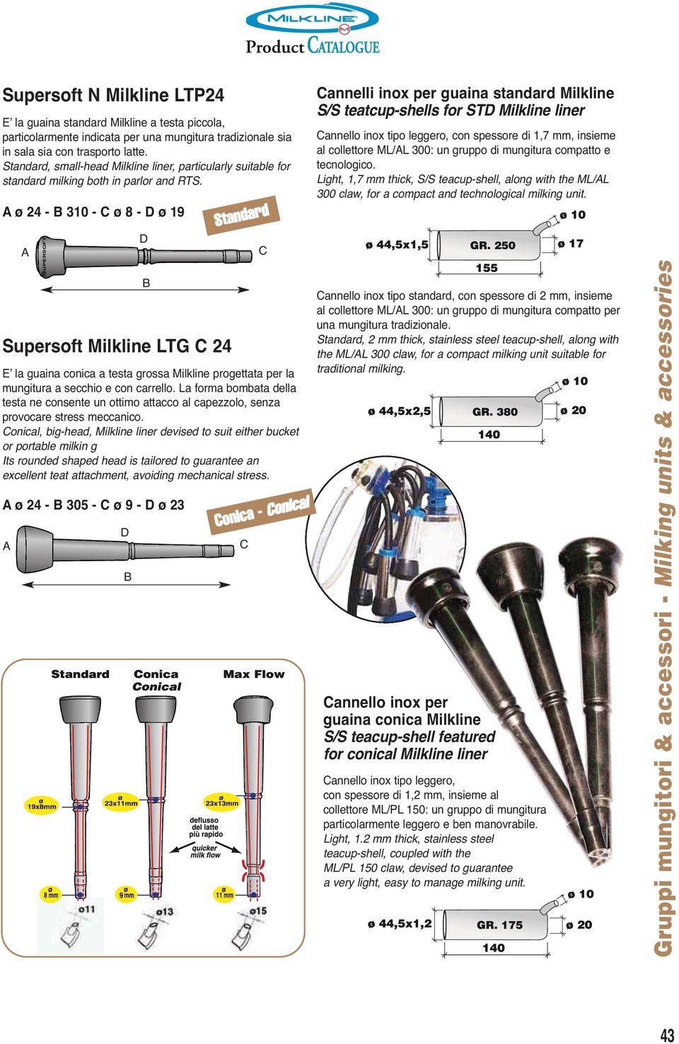 Aø24-B310-Cø8-Dø19 A SUPERSOFT Supersoft Milkline LTG C 24 E la guaina conica a testa grossa Milkline progettata per la mungitura a secchio e con carrello.