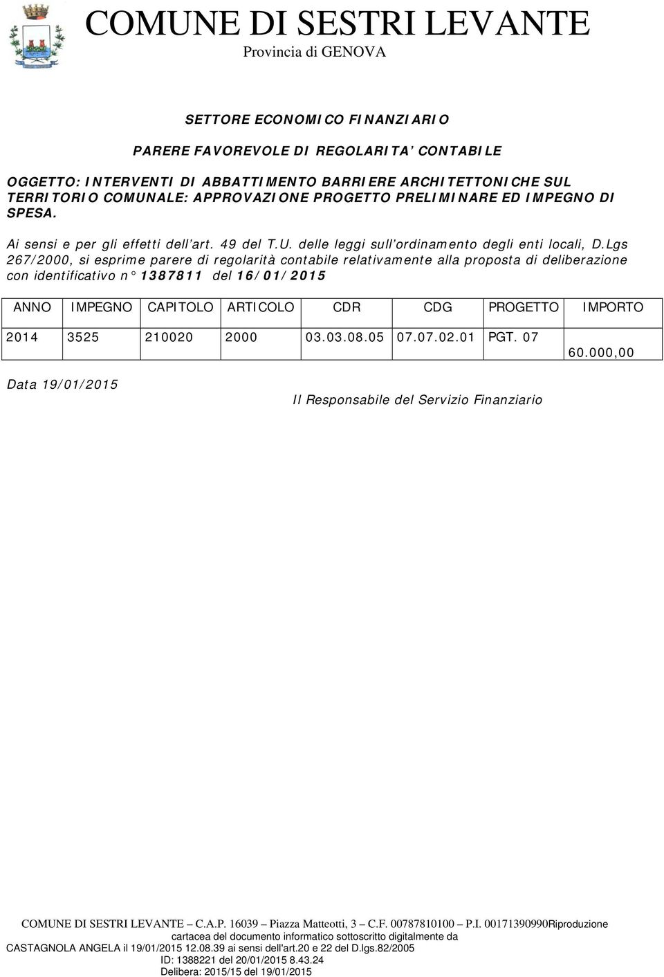 Lgs 267/2000, si esprime parere di regolarità contabile relativamente alla proposta di deliberazione con identificativo n 1387811 del 16/01/2015 ANNO IMPEGNO CAPITOLO ARTICOLO CDR CDG PROGETTO