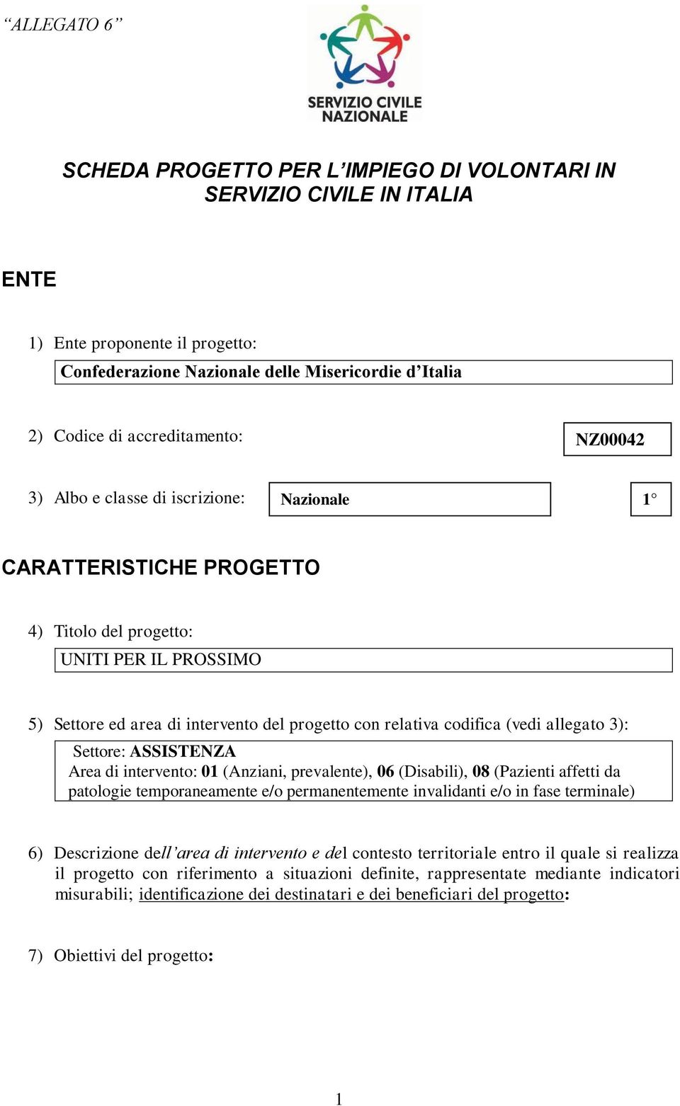 codifica (vedi allegato 3): Settore: ASSISTENZA Area di intervento: 01 (Anziani, prevalente), 06 (Disabili), 08 (Pazienti affetti da patologie temporaneamente e/o permanentemente invalidanti e/o in