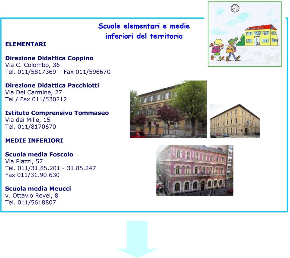 011/5817369 Fax 011/596670 Direzione Didattica Pacchiotti Via Del Carmine, 27 Tel / Fax 011/530212 Istituto
