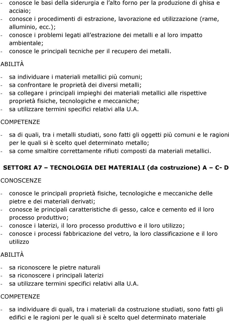 - sa individuare i materiali metallici più comuni; - sa confrontare le proprietà dei diversi metalli; - sa collegare i principali impieghi dei materiali metallici alle rispettive proprietà fisiche,