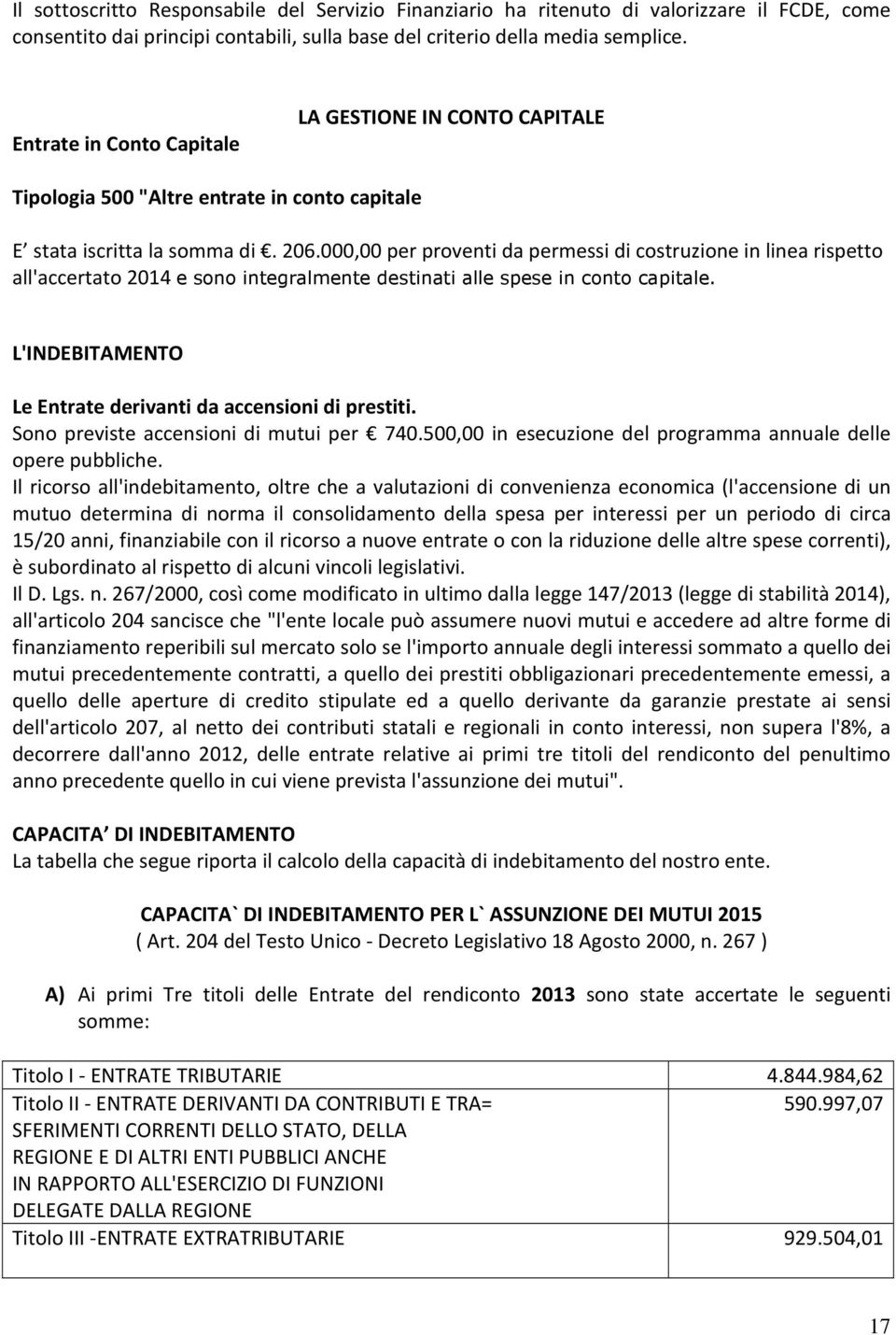 000,00 per proventi da permessi di costruzione in linea rispetto all'accertato 2014 e sono integralmente destinati alle spese in conto capitale.