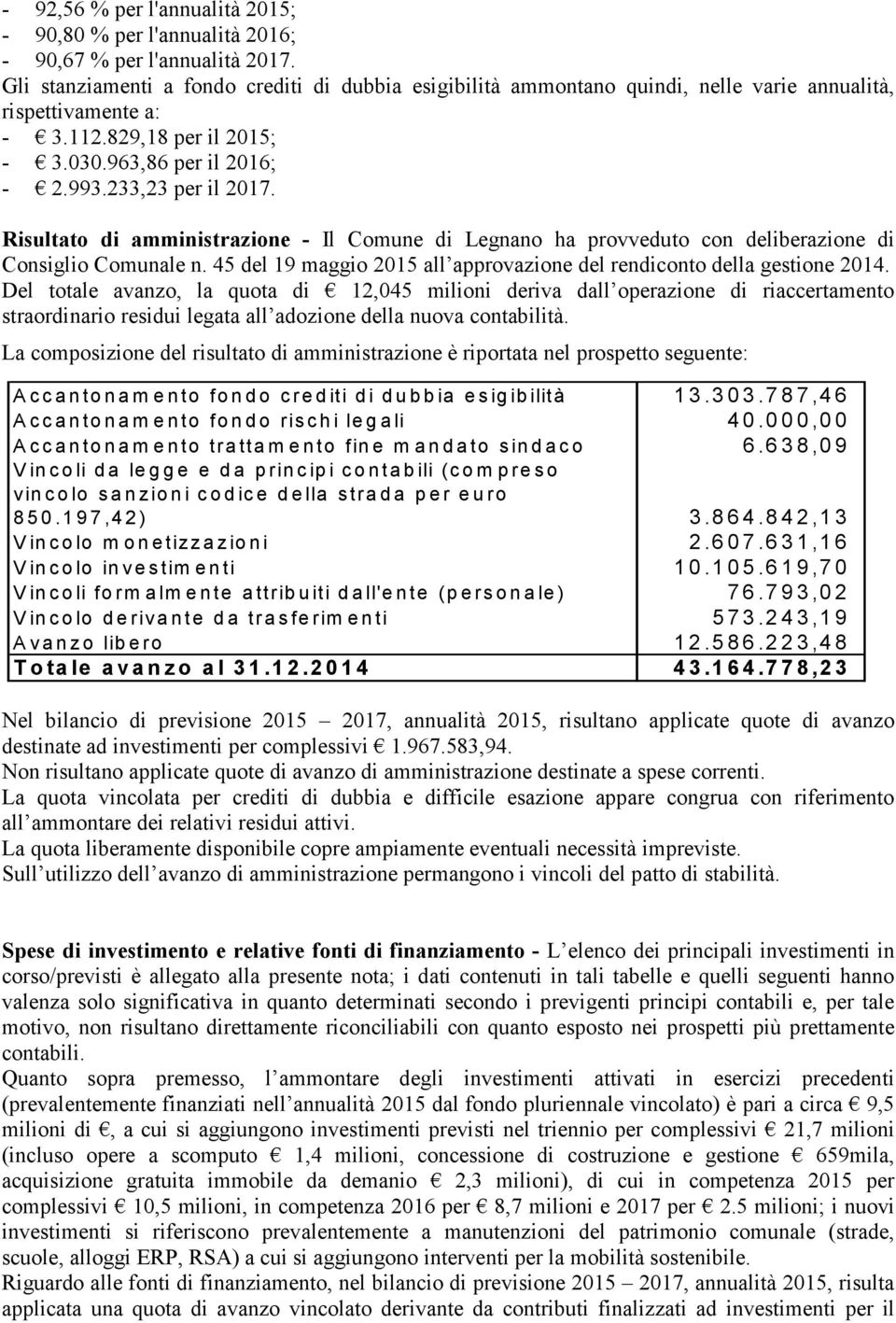 Risultato di amministrazione - Il Comune di Legnano ha provveduto con deliberazione di Consiglio Comunale n. 45 del 19 maggio 2015 all approvazione del rendiconto della gestione 2014.