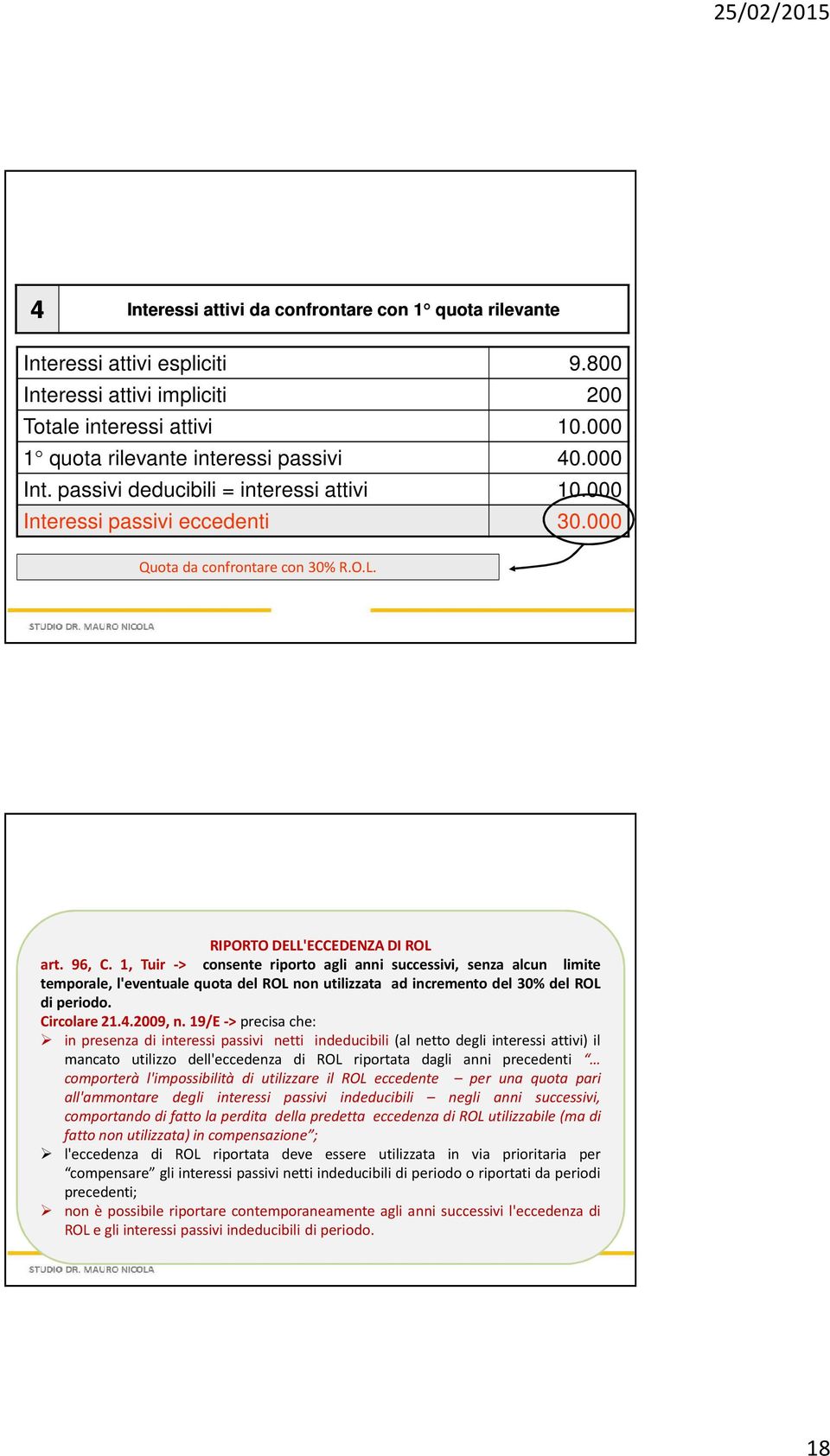 1, Tuir -> consente riporto agli anni successivi, senza alcun limite temporale, l'eventuale quota del ROL non utilizzata ad incremento del 30% del ROL di periodo. Circolare 21.4.2009, n.