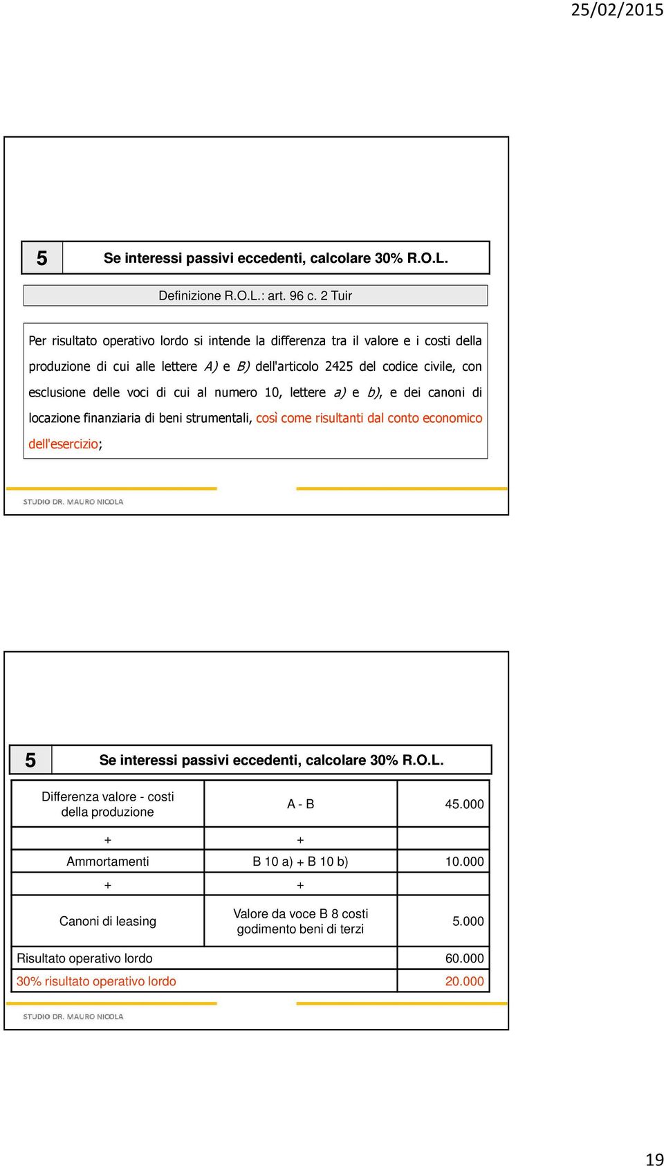 di cui al numero 10, lettere a) e b), e dei canoni di locazione finanziaria di beni strumentali, così come risultanti dal conto economico dell'esercizio; 5 Se interessi passivi