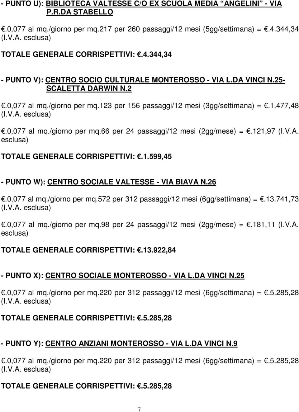 123 per 156 passaggi/12 mesi (3gg/settimana) =.1.477,48.0,077 al mq./giorno per mq.66 per 24 passaggi/12 mesi (2gg/mese) =.121,97 (I.V.A. esclusa) TOTALE GENERALE CORRISPETTIVI:.1.599,45 - PUNTO W): CENTRO SOCIALE VALTESSE - VIA BIAVA N.