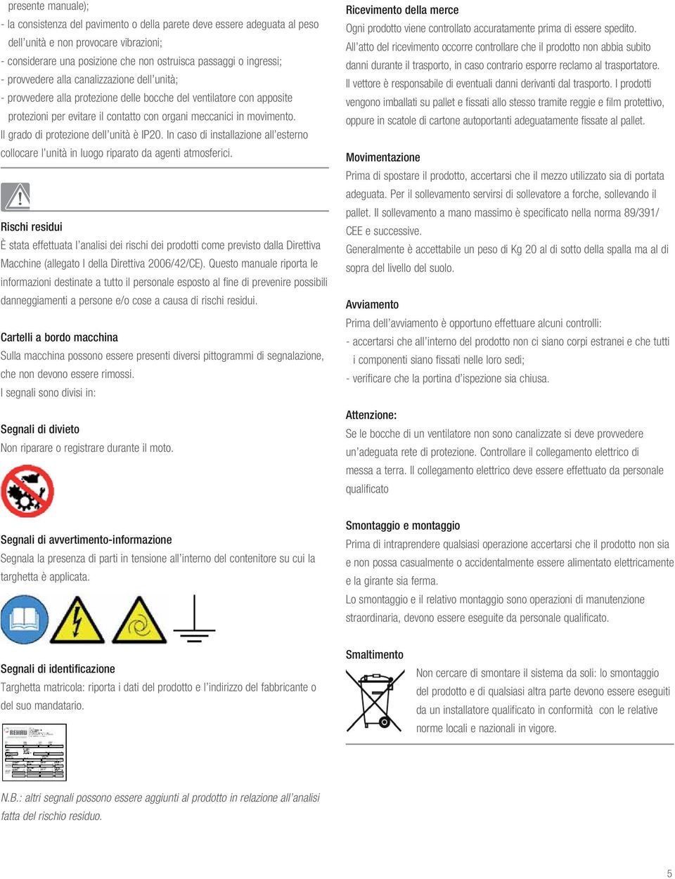 Il grado di protezione dell unità è IP20. In caso di installazione all esterno collocare l unità in luogo riparato da agenti atmosferici.