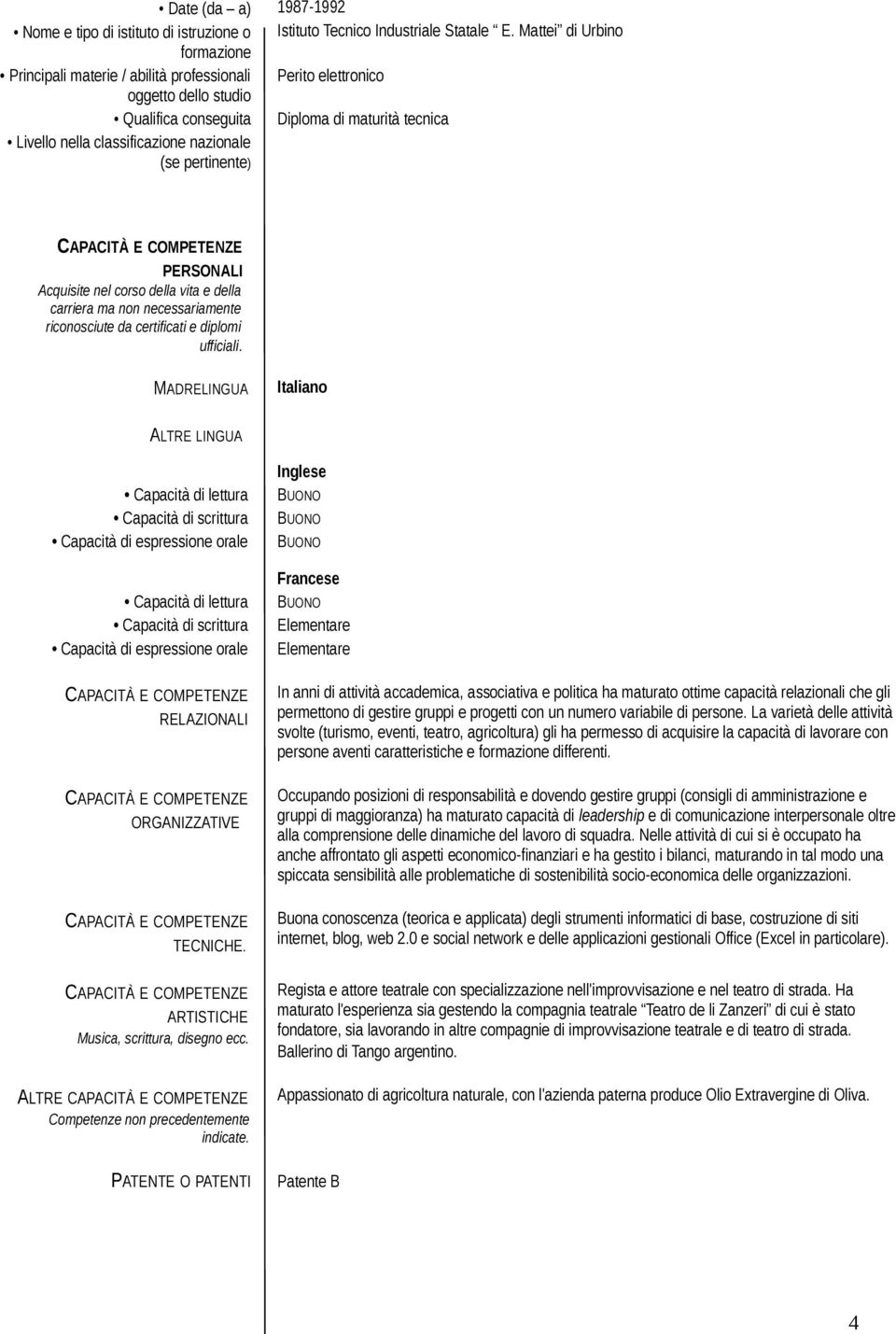 (se pertinente) CAPACITÀ E COMPETENZE PERSONALI Acquisite nel corso della vita e della carriera ma non necessariamente riconosciute da certificati e diplomi ufficiali.