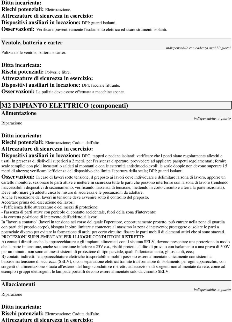 Dispositivi ausiliari in locazione: DPI: facciale filtrante. La pulizia deve essere effettuata a macchine spente.