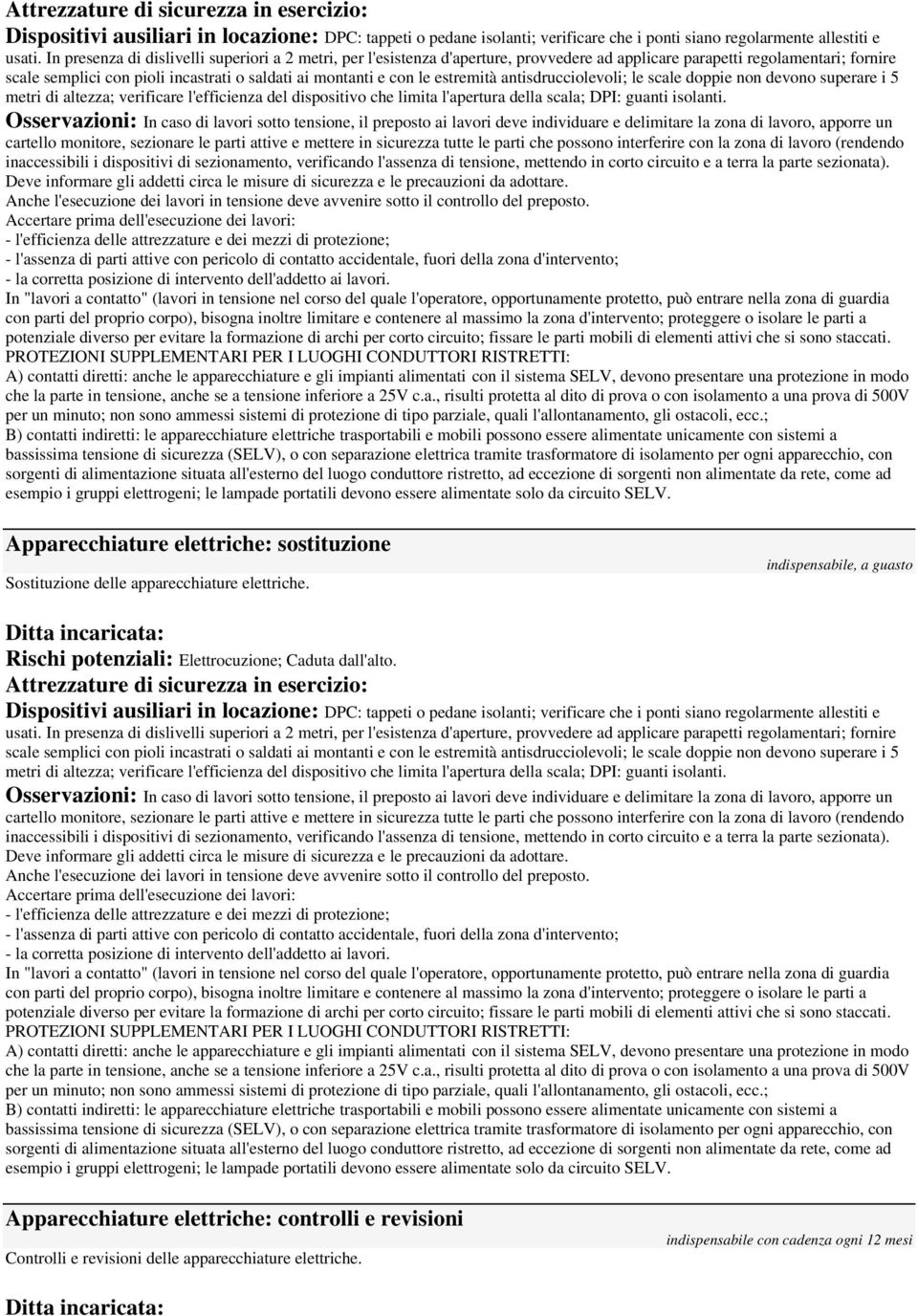 estremità antisdrucciolevoli; le scale doppie non devono superare i 5 metri di altezza; verificare l'efficienza del dispositivo che limita l'apertura della scala; DPI: guanti isolanti.