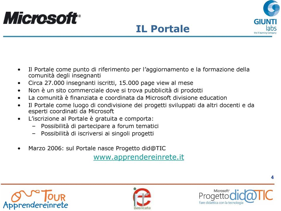 Portale come luogo di condivisione dei progetti sviluppati da altri docenti e da esperti coordinati da Microsoft L iscrizione al Portale è gratuita e