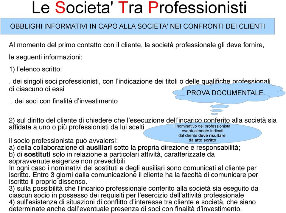 dei soci con finalità d investimento 2) sul diritto del cliente di chiedere che l esecuzione dell incarico conferito alla società sia affidata a uno o più professionisti da lui scelti Il nominativo