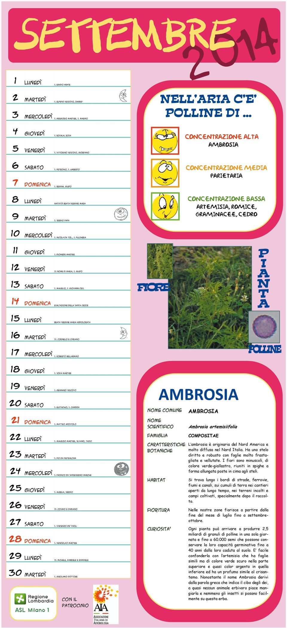 Sergio papa CONCENTRAZIONE bassa Artemisia, romice, Graminacee, cedro 10 mercoledì S. Nicola da Tol., S. Pulcheria 11 giovedì S. Diomede martire 12 venerdì SS di Maria, S. Guido 13 sabato S.