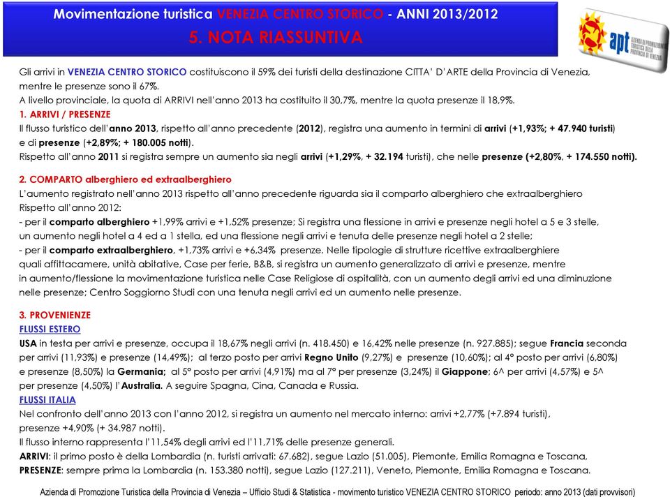 ,9%. 1. ARRIVI / PRESENZE Il flusso turistico dell anno 2013, rispetto all anno precedente (2012), registra una aumento in termini di arrivi (+1,93%; + 47.940 turisti) e di presenze (+2,89%; + 180.