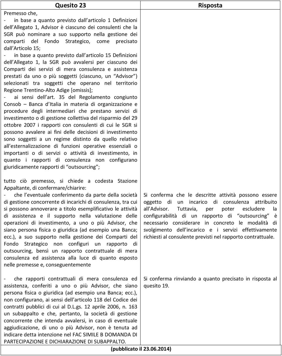 consulenza e assistenza prestati da uno o più soggetti (ciascuno, un Advisor ) selezionati tra soggetti che operano nel territorio Regione Trentino-Alto Adige [omissis]; - ai sensi dell art.