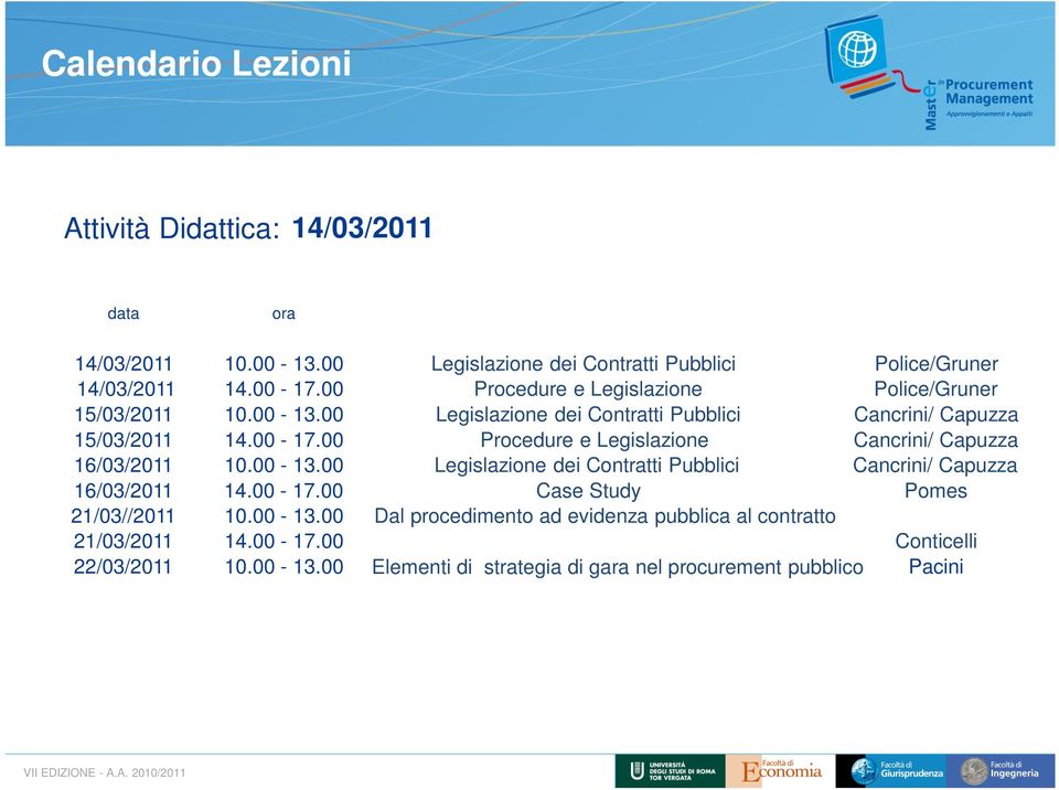 00 Legislazione dei Contratti Pubblici Cancrini/ Capuzza 15/03/2011 14.00-17.00 Procedure e Legislazione Cancrini/ Capuzza 16/03/2011 10.00-13.