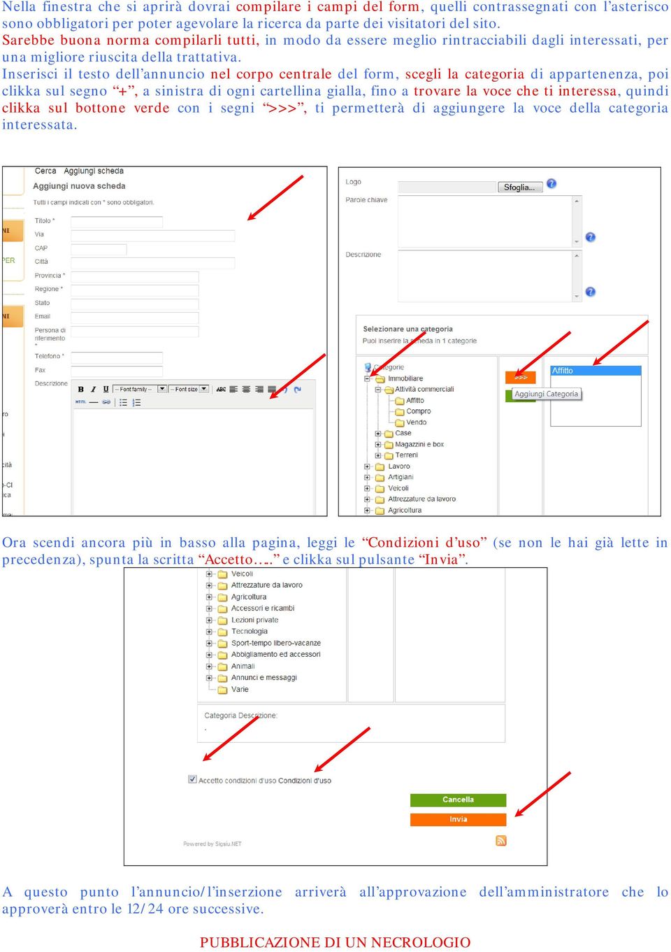 Inserisci il testo dell annuncio nel corpo centrale del form, scegli la categoria di appartenenza, poi clikka sul segno +, a sinistra di ogni cartellina gialla, fino a trovare la voce che ti