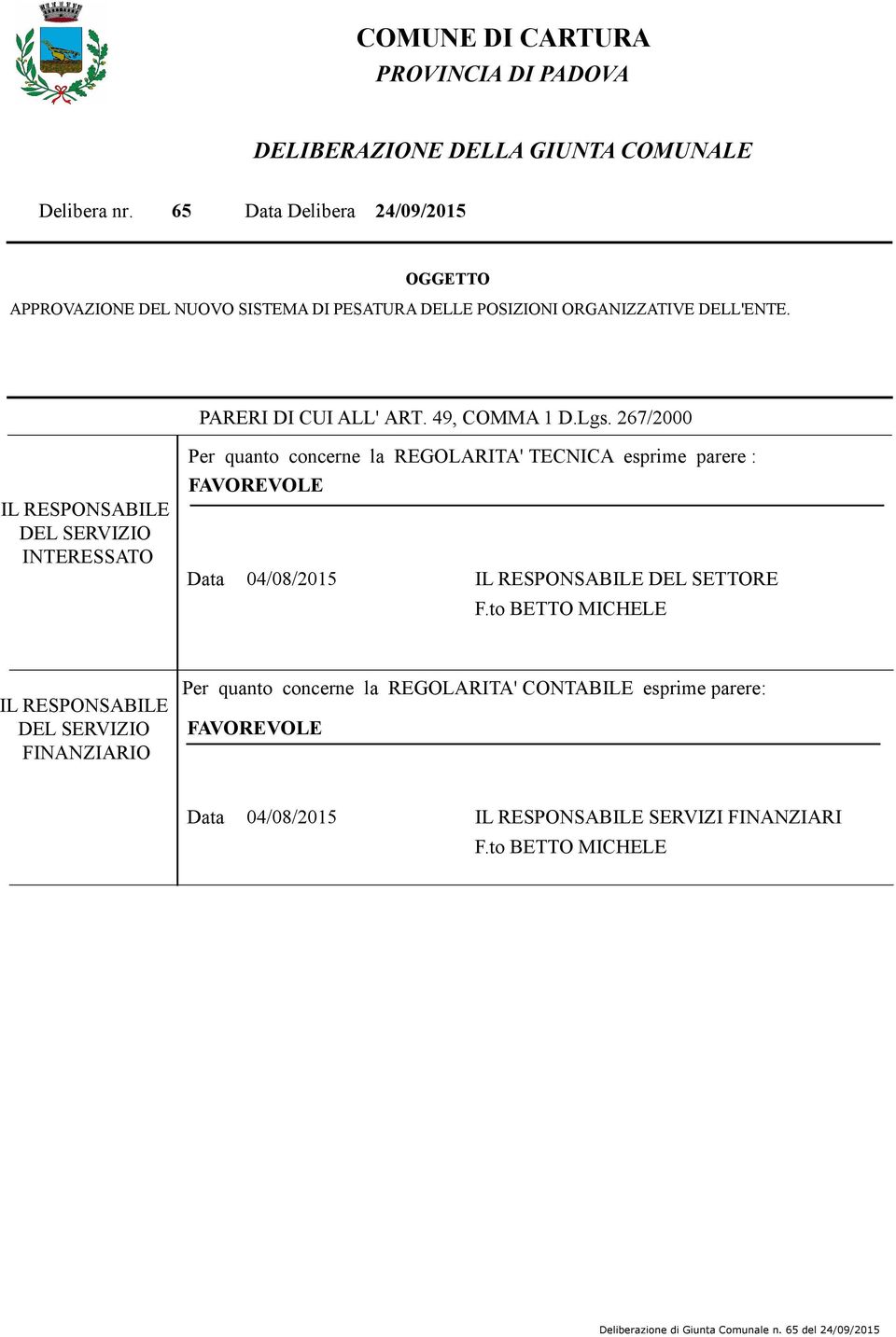 267/2000 IL RESPONSABILE DEL SERVIZIO INTERESSATO Per quanto concerne la REGOLARITA' TECNICA esprime parere : FAVOREVOLE Data 04/08/2015 IL RESPONSABILE DEL SETTORE F.