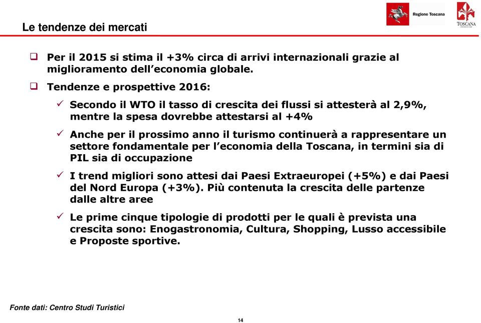 rappresentare un settore fondamentale per l economia della Toscana, in termini sia di PIL sia di occupazione I trend migliori sono attesi dai Paesi Extraeuropei (+5%) e dai Paesi del Nord