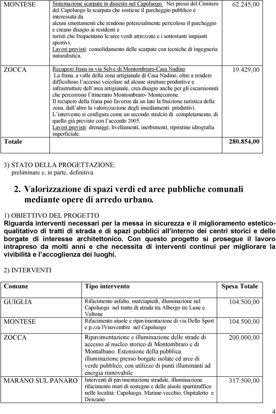 Lavori previsti: consolidamento delle scarpate con tecniche di ingegneria naturalistica. 62.245,00 ZOCCA Recupero frana su via Selve di Montombraro-Casa Nadino 19.