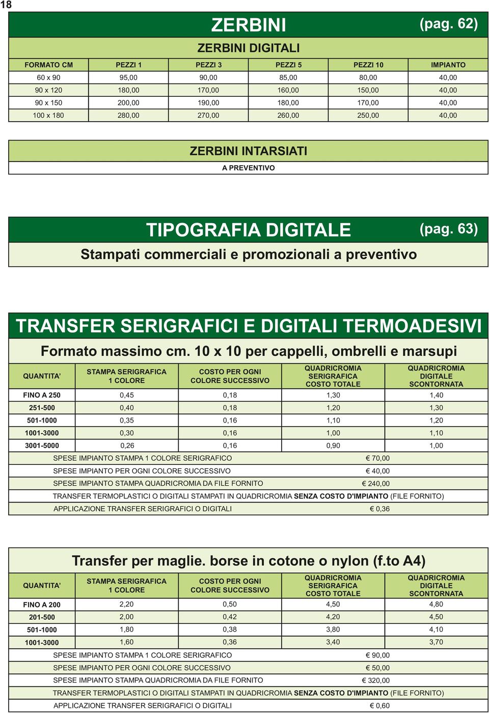 ) Stampati commerciali e promozionali TRANSFER SERIGRAFICI E DIGITALI TERMOADESIVI Formato massimo cm.