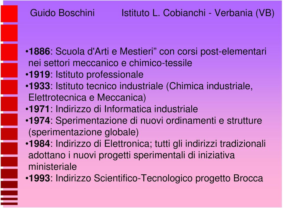 prfessinale 1933: Istitut tecnic industriale (Chimica industriale, Elettrtecnica e Meccanica) 1971: Indirizz di Infrmatica