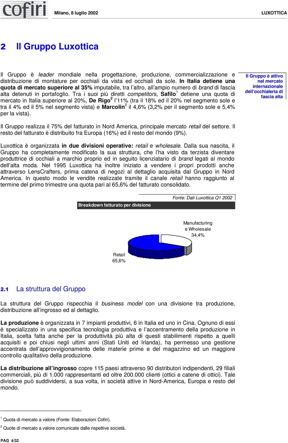 Tra i suoi più diretti competitors, Safilo 1 detiene una quota di mercato in Italia superiore al 20%, De Rigo 2 l 11% (tra il 18% ed il 20% nel segmento sole e tra il 4% ed il 5% nel segmento vista)