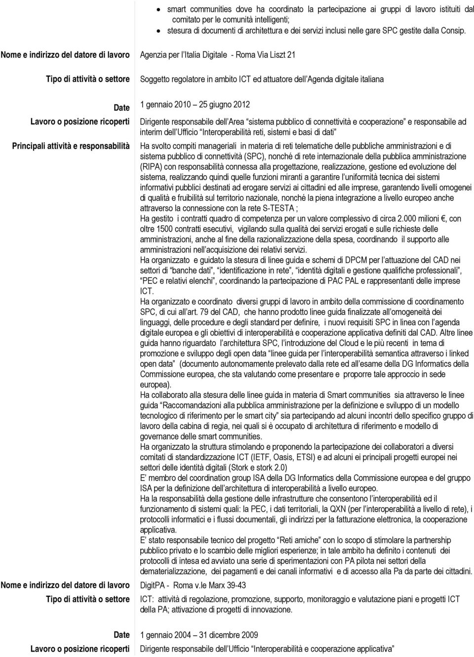 Nome e indirizzo del datore di lavoro Agenzia per l Italia Digitale - Roma Via Liszt 21 Soggetto regolatore in ambito ICT ed attuatore dell Agenda digitale italiana Date 1 gennaio 2010 25 giugno 2012