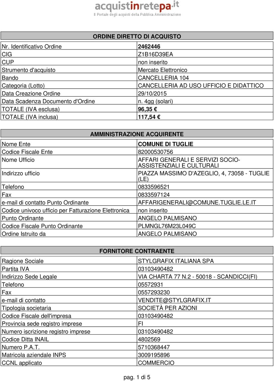 Ordine 29/10/2015 Data Scadenza Documento d'ordine n.