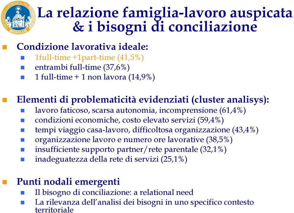 (43,4%) organizzazione lavoro e numero ore lavorative (38,5%) insufficiente supporto partner/rete parentale (32,1%) inadeguatezza della rete di servizi (25,1%) Punti nodali