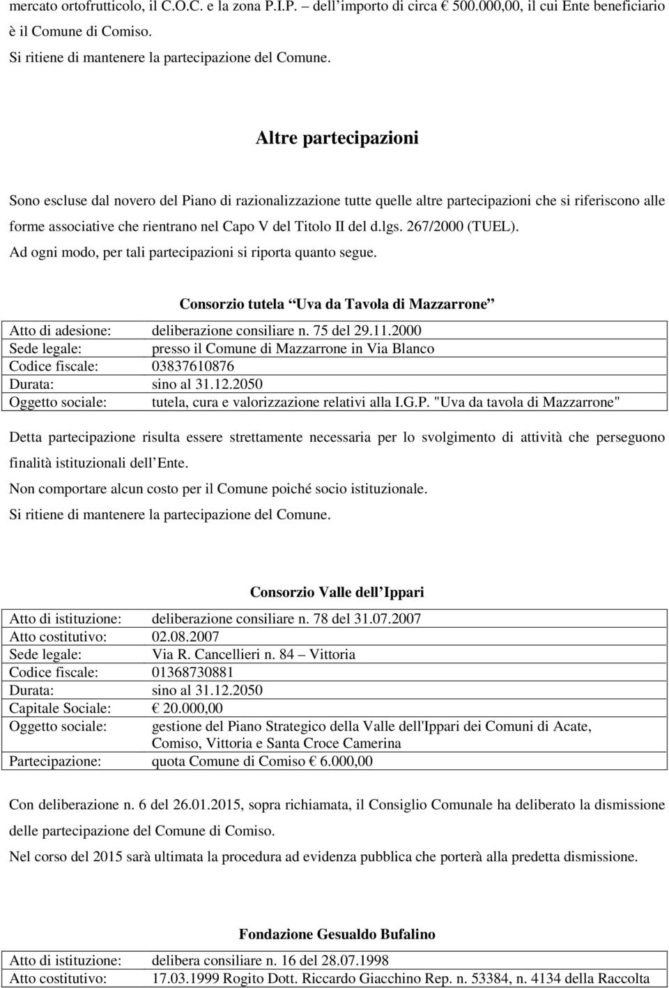 lgs. 267/2000 (TUEL). Ad ogni modo, per tali partecipazioni si riporta quanto segue. Consorzio tutela Uva da Tavola di Mazzarrone Atto di adesione: deliberazione consiliare n. 75 del 29.11.