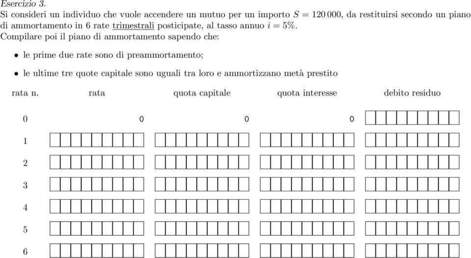 piano di ammortamento in 6 rate trimestrali posticipate, al tasso annuo i = 5%.