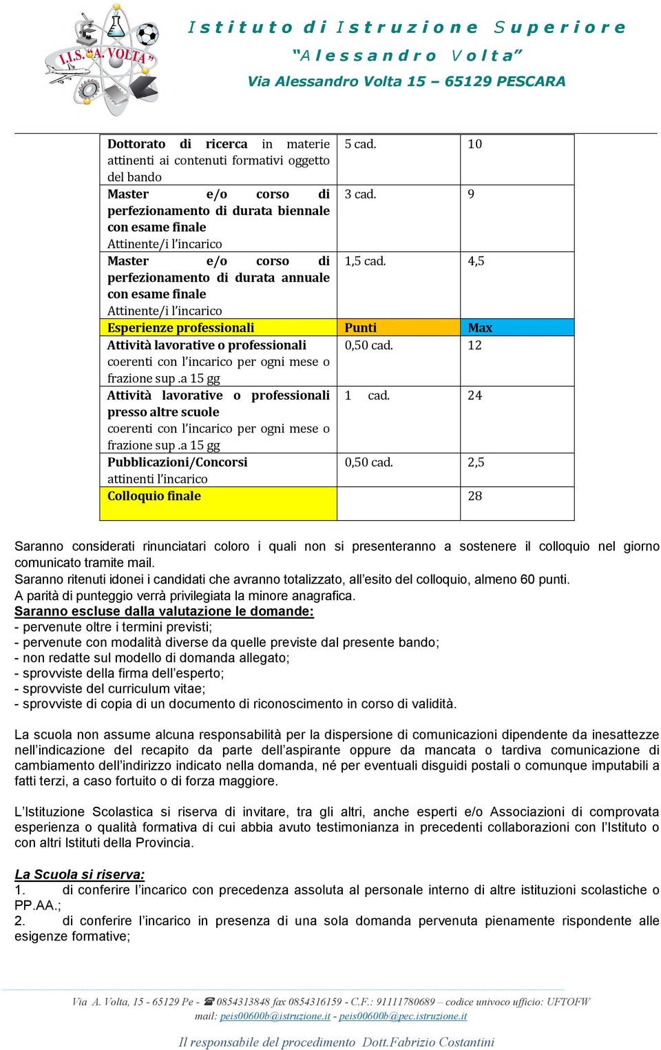 4,5 perfezionamento di durata annuale con esame finale Attinente/i l incarico Esperienze professionali Punti Max Attività lavorative o professionali 0,50 cad.