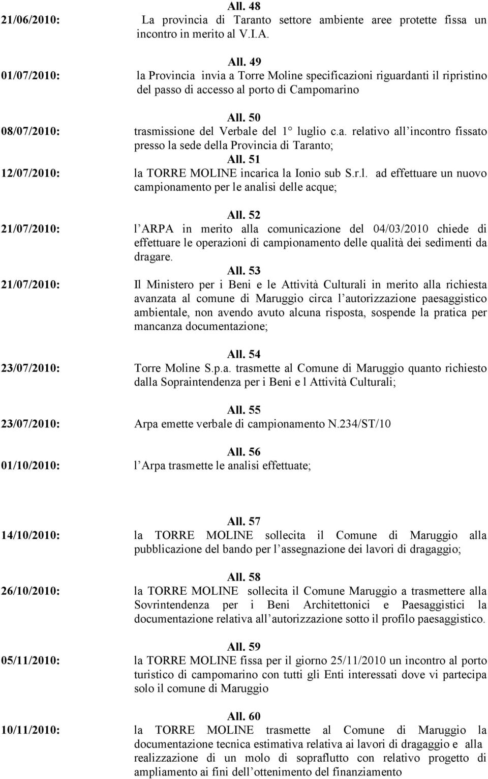 51 12/07/2010: la TORRE MOLINE incarica la Ionio sub S.r.l. ad effettuare un nuovo campionamento per le analisi delle acque; All.