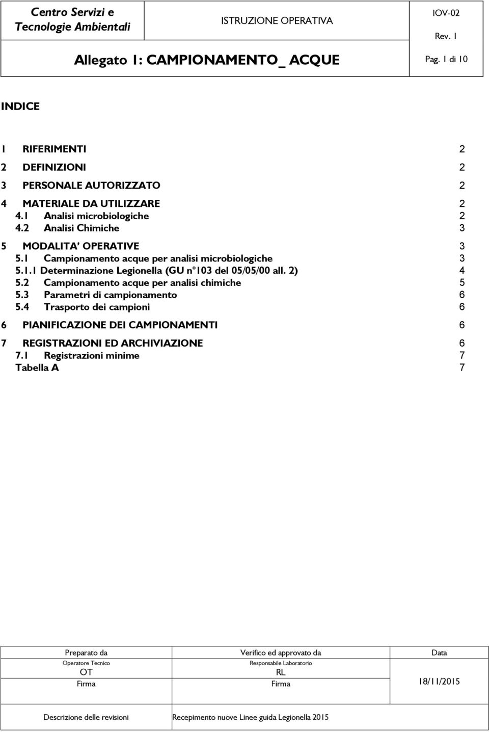 2 Campionamento acque per analisi chimiche 5 5.3 Parametri di campionamento 6 5.