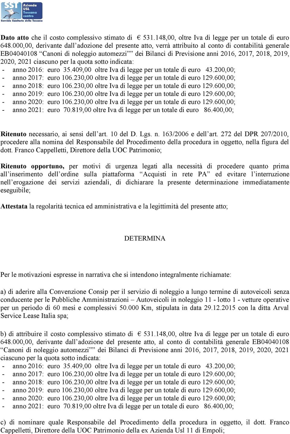 2020, 2021 ciascuno per la quota sotto indicata: - anno 2016: euro 35.409,00 oltre Iva di legge per un totale di euro 43.200,00; - anno 2017: euro 106.