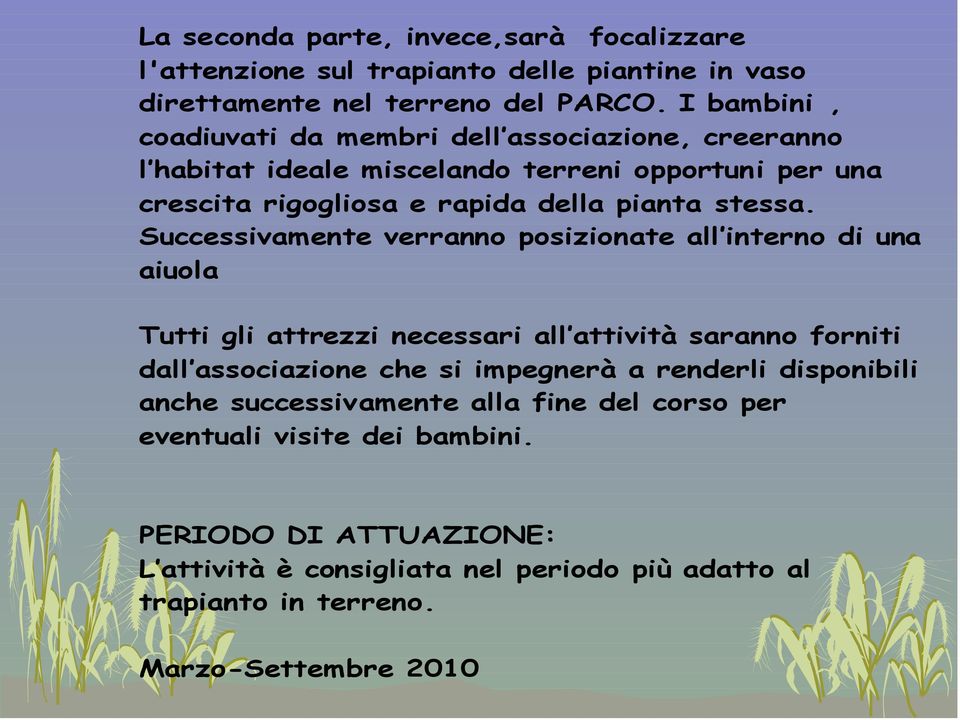 Successivamente verranno posizionate all interno di una aiuola Tutti gli attrezzi necessari all attività saranno forniti dall associazione che si impegnerà a