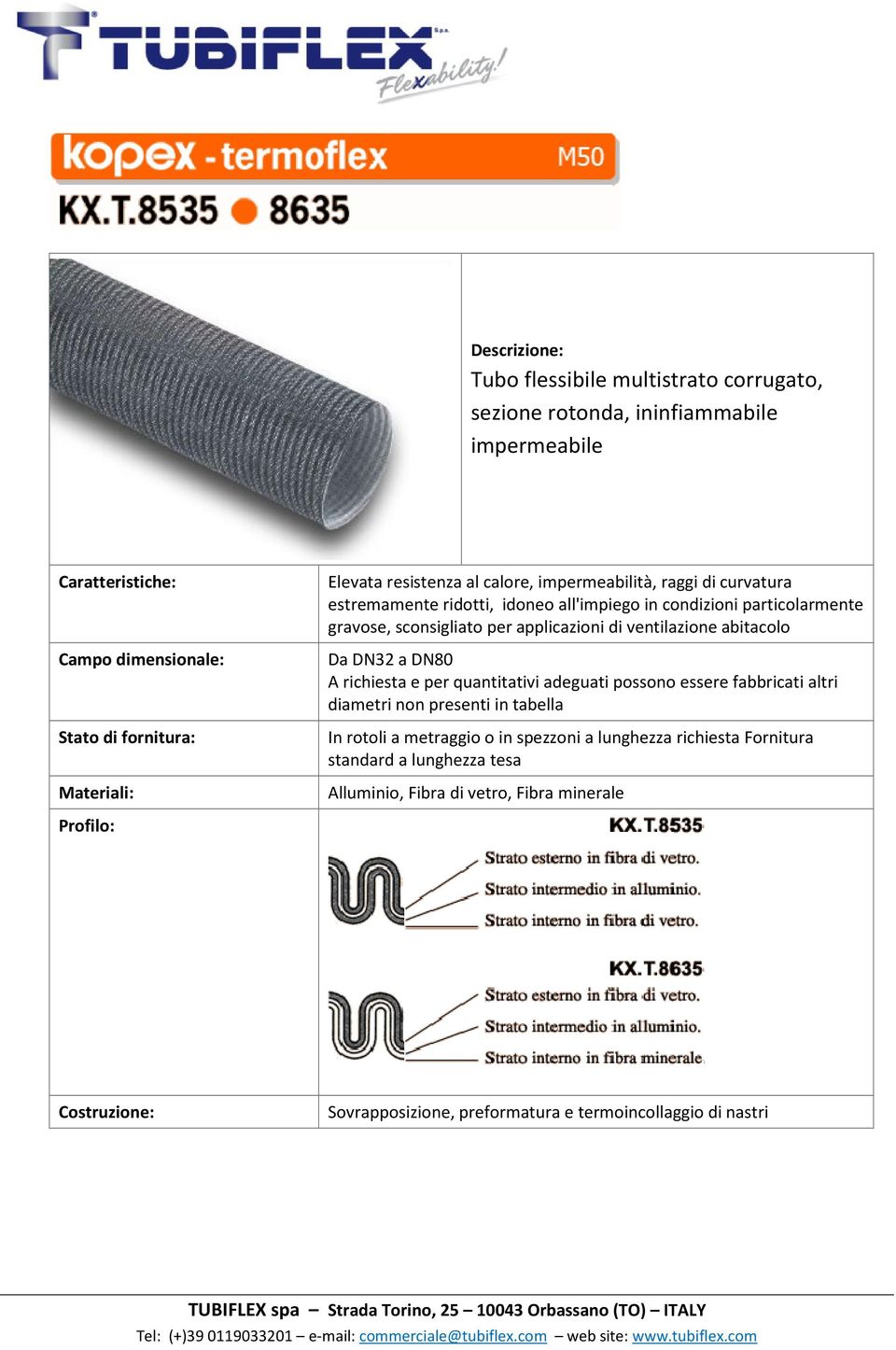 ventilazione abitacolo Da DN32 a DN80 A richiesta e per quantitativi adeguati possono essere fabbricati altri diametri non presenti in tabella In rotoli a metraggio o in