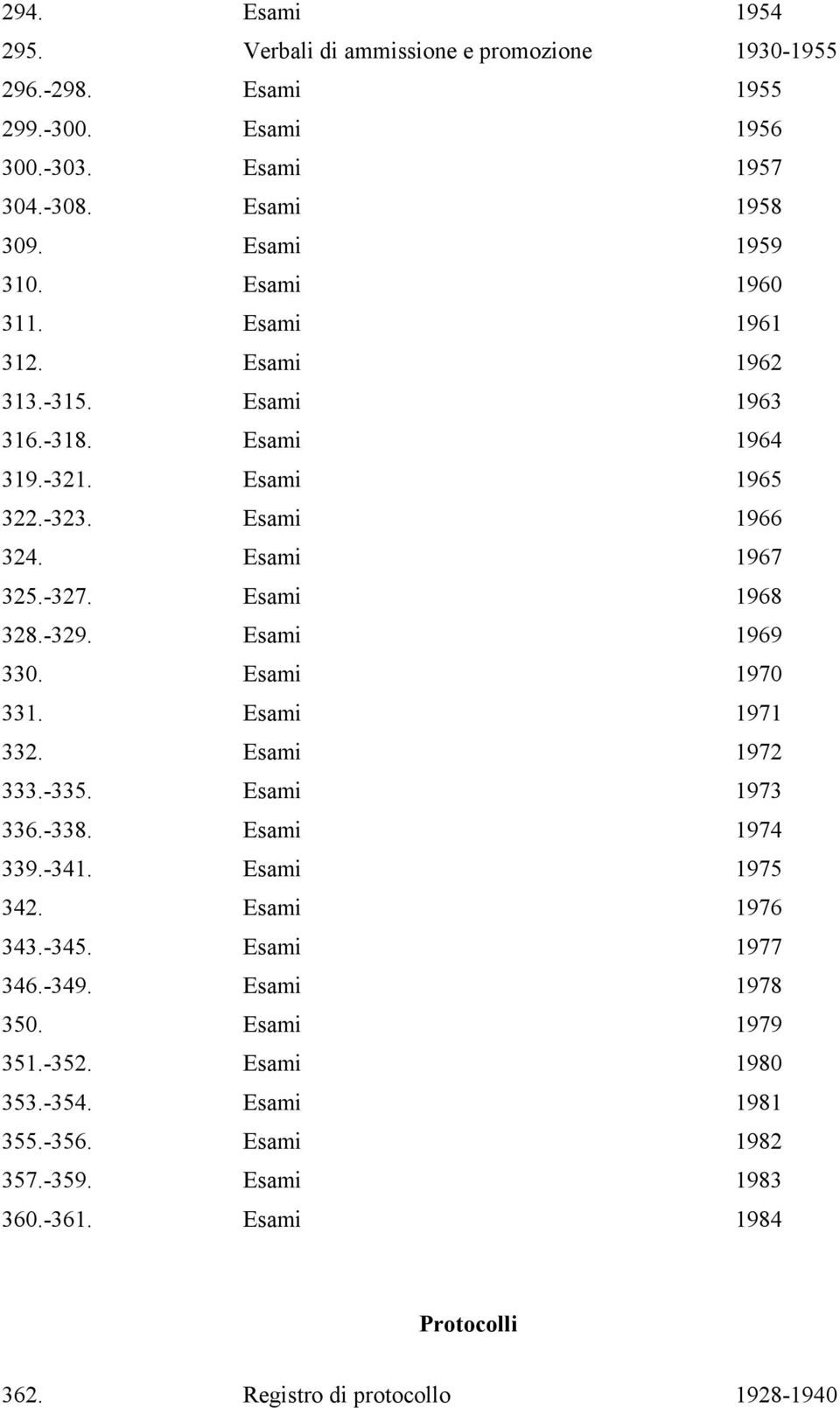 Esami 1969 330. Esami 1970 331. Esami 1971 332. Esami 1972 333.-335. Esami 1973 336.-338. Esami 1974 339.-341. Esami 1975 342. Esami 1976 343.-345. Esami 1977 346.-349.