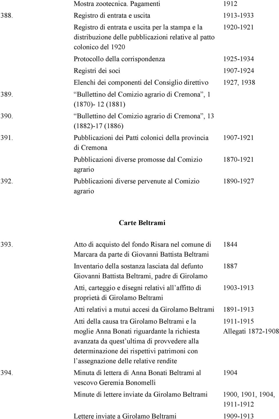1925-1934 Registri dei soci 1907-1924 Elenchi dei componenti del Consiglio direttivo 1927, 1938 389. Bullettino del Comizio agrario di Cremona, 1 (1870)- 12 (1881) 390.