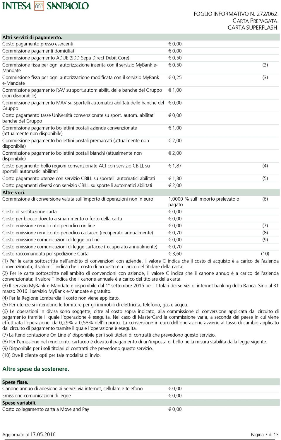 servizio MyBank e- 0,50 (3) Mandate Commissione fissa per ogni autorizzazione modificata con il servizio MyBank 0,25 (3) e-mandate Commissione pagamento RAV su sport.autom.abilit.