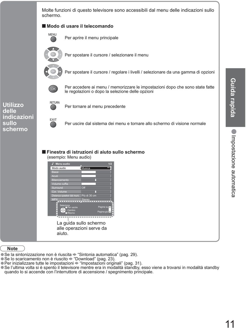 delle indicazioni sullo schermo Per accedere ai menu / memorizzare le impostazioni dopo che sono state fatte le regolazioni o dopo la selezione delle opzioni Per tornare al menu precedente Per uscire